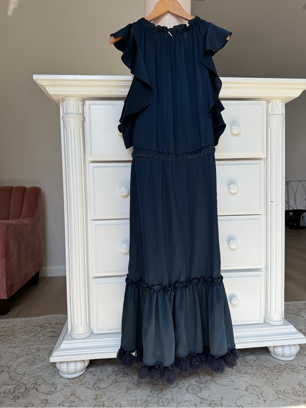 Authentic MISA Los Angeles Black Ruffle Tassel Midi Dress Made in USA – Size M